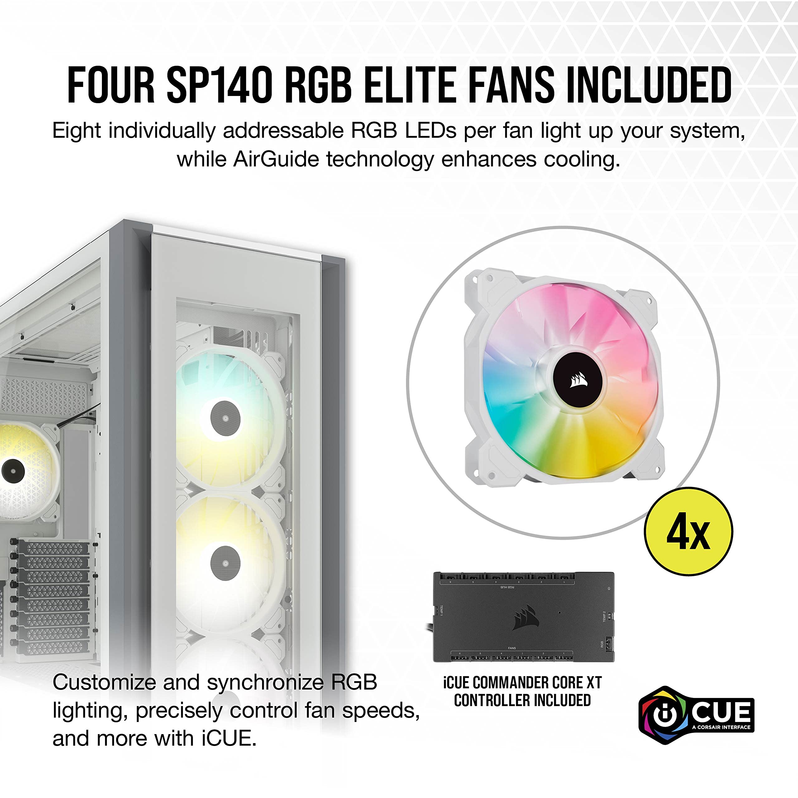 CORSAIR iCUE 7000X RGB Full-Tower ATX PC Case – Three Tempered Glass Panels – Spacious Interior – Easy Cable Management – 4x CORSAIR SP140 RGB ELITE Fans Included – White