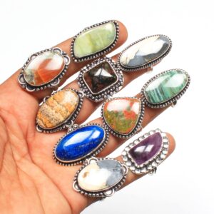 Carats Chunky Silver Rings Pack for Women - 10 Pcs - Stackable Fashion Ring Set, Silver Plated Statement Knuckle Handmade Gemstone Gothic Vintage Rings for Women