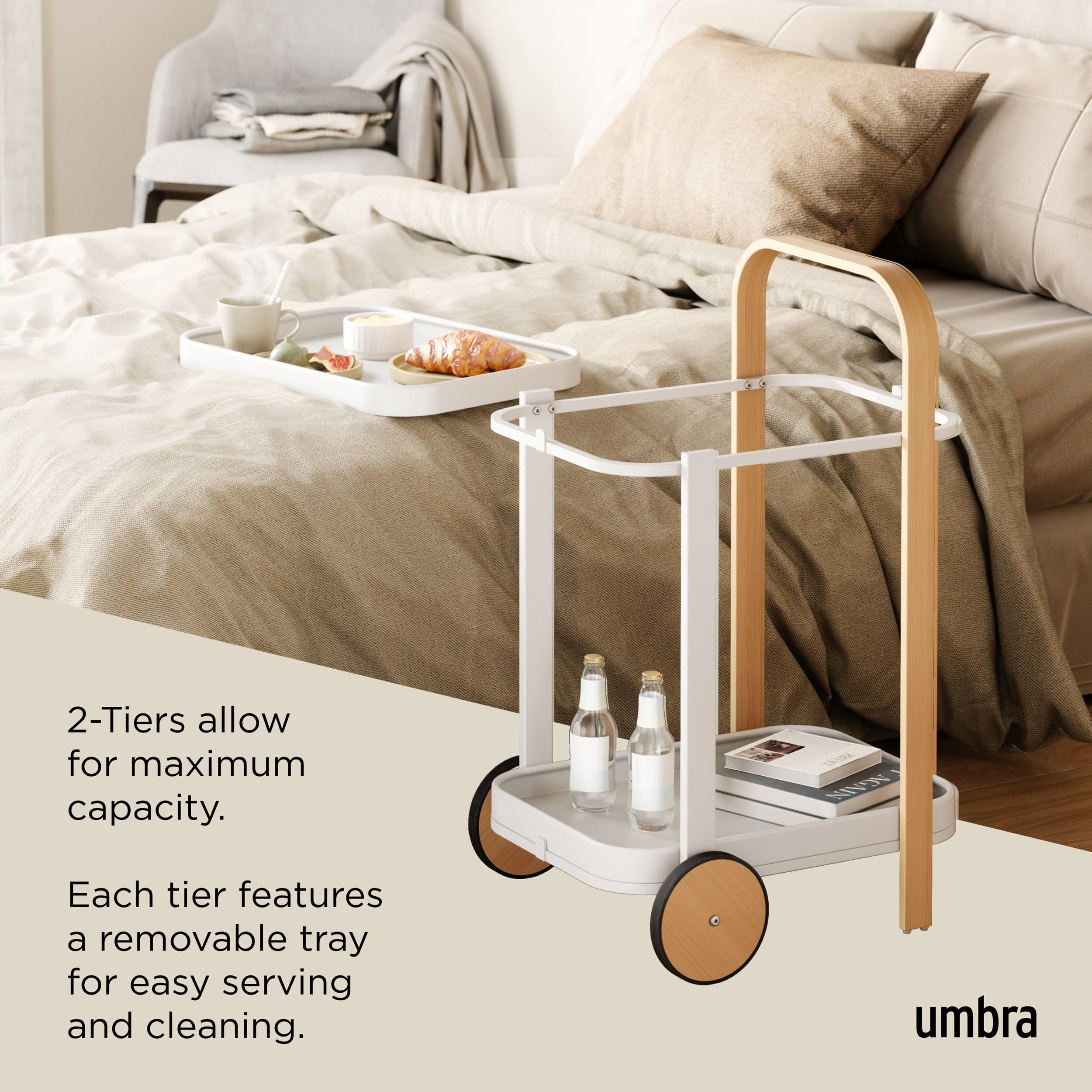 Umbra Bellwood Bar Cart, Serving Trolley, Side Table, Natural/White