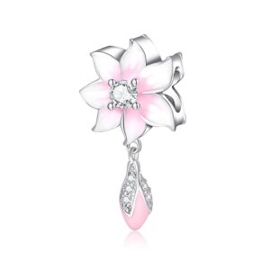 FAEFASH Flowers Charms Bead 925 Sterling Silver Rose Charm Orchid, Lotus Bead Love Charm Valentine's Day Beads fit Pandora Style Charms Flower Bracelet & Necklace Flowers (Pink)