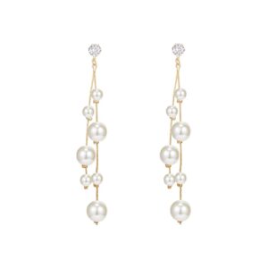 Aradio long pearl earrings Gold Long Tassel Pearl Earrings for Women 925 Sterling Silver needle Simulated Shell Pearl Earrings White Pearl Dangle Earrings Hypoallergenic Drop Pearl Earrings Dangle.