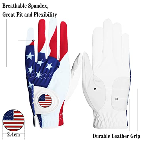 Golf Gloves Men Right Handed Golfer Left Hand with Ball Marker 2 Pack Leather Breathable Comfortable Weathersof Grip Size Small Medium ML Large XL (White&USA Flag, Large(Worn on Left Hand))