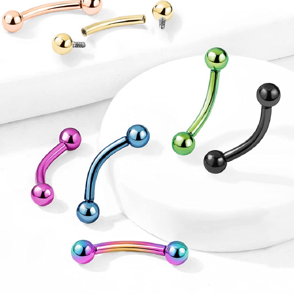 Pierced Owl 16GA G23 Implant Grade Titanium Internally Threaded Ball Ends Cartilage Helix Rook Eyebrow Curved Barbell (Rainbow)