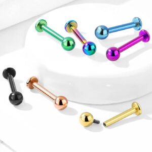 16GA PVD Plated G23 Implant Grade Titanium Internally Threaded Ball Top Flat Back Labret Monroe Lip Cartilage Helix Tragus Conch Ear Lobe Barbell Stud (Black)