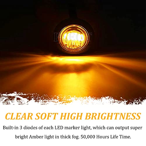 PSEQT 3/4" Round LED Side Marker Lights Clearance Turn Signal Indicators Bullet Grommet Light Waterproof for Trailer Truck Car Bus Van Pickup RV Wrangler ATV UTV (10pcs, Smoked Lens & Amber LED)