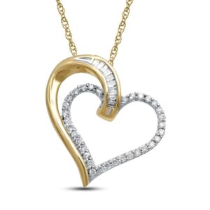 Jewelili 10K Yellow Gold 1/4 Cttw Natural White Baguette and Round Diamond Heart Pendant Necklace, 18" Rope Chain