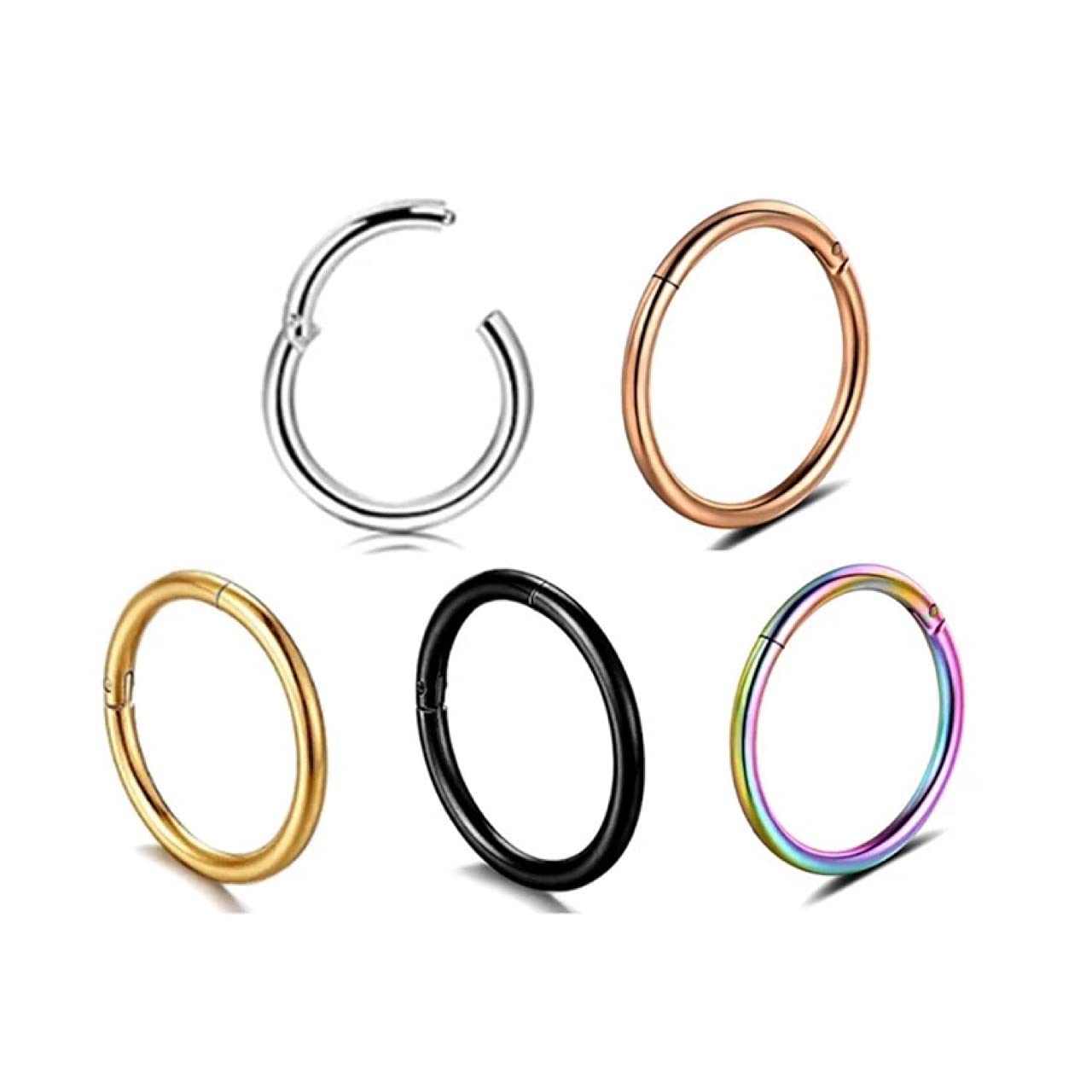 EVISPOL 5Pcs Set 16G Nose Rings 316L Surgical Steel Hinged Nose Ring Hoop Septum Clicker for Women Men Lip Nipple Rings Cartilage Rook Helix Earring Conch Tragus Daith Earrings Piercing Jewelry-10mm