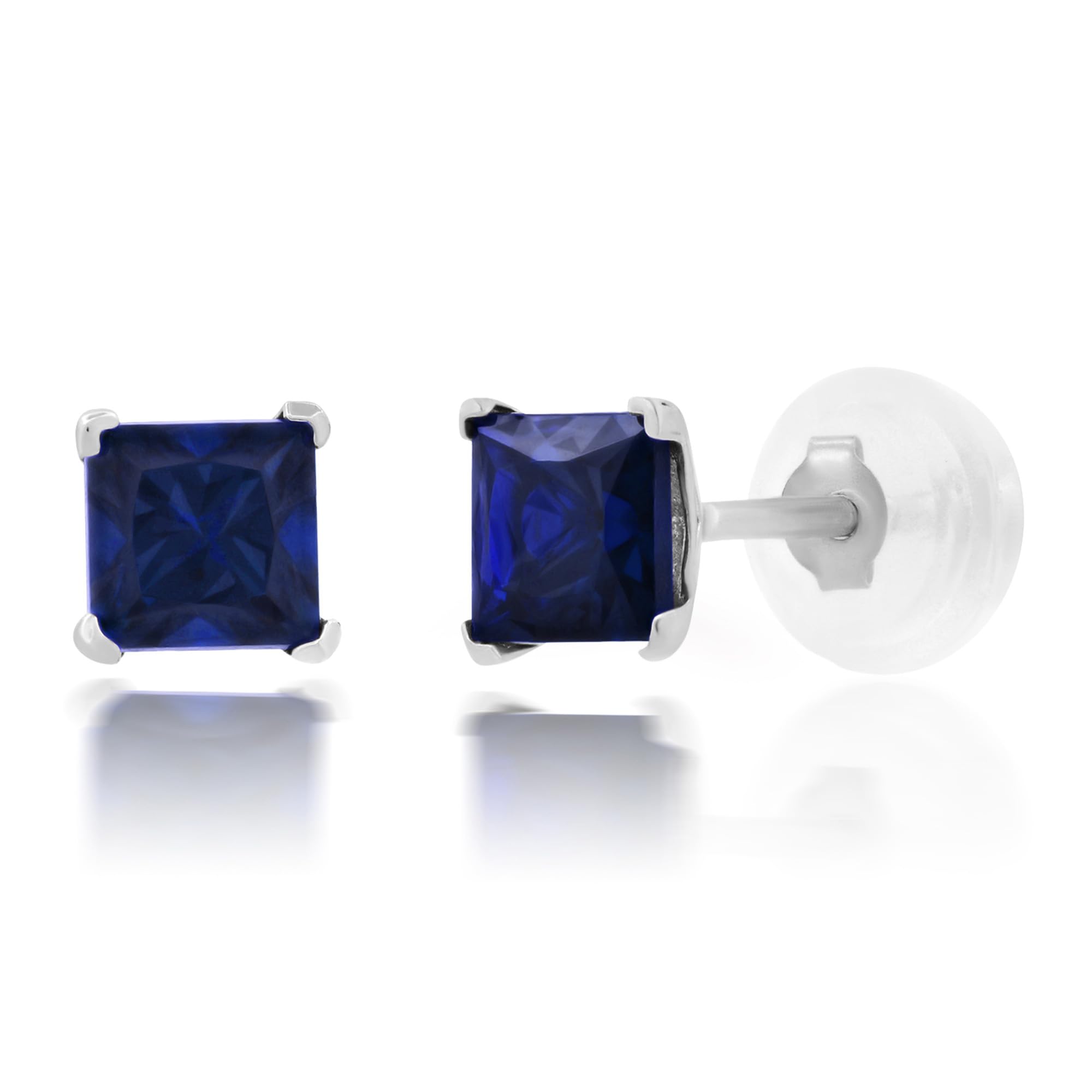 MAX + STONE 14k White Gold Square Stud Earrings for Women with Princess Cut Created Blue Sapphire 4 mm September Birthstone and Push Backs