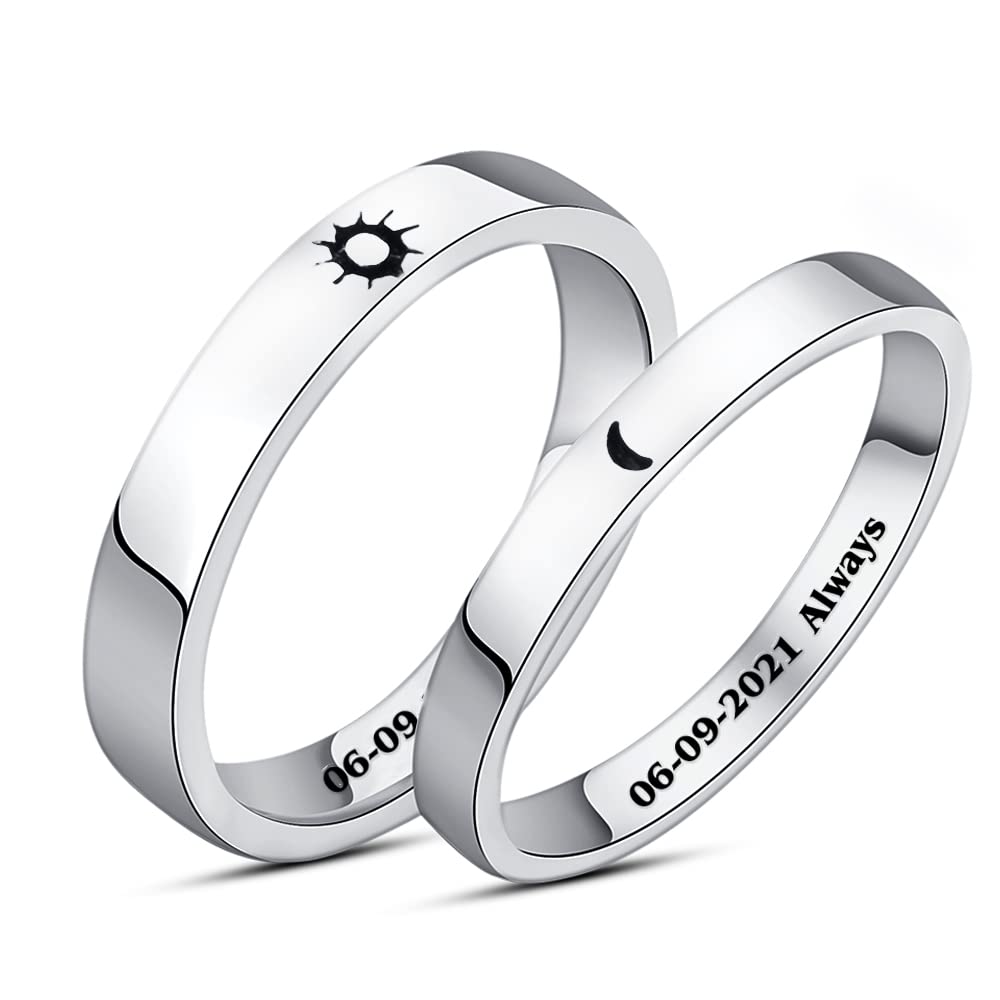 SHAREMORE Matching Rings for Couples Sun and Moon Rings Personalized Heart Promise Couple Ring Customized Engagement Wedding Ring Band Sets for Him and Her Sterling Silver High Polished Comfort Fit