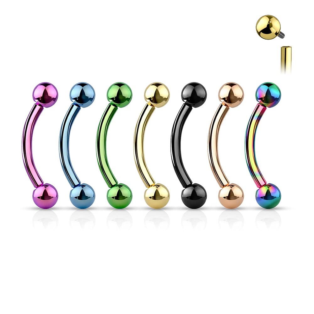 Pierced Owl 16GA G23 Implant Grade Titanium Internally Threaded Ball Ends Cartilage Helix Rook Eyebrow Curved Barbell (Rainbow)