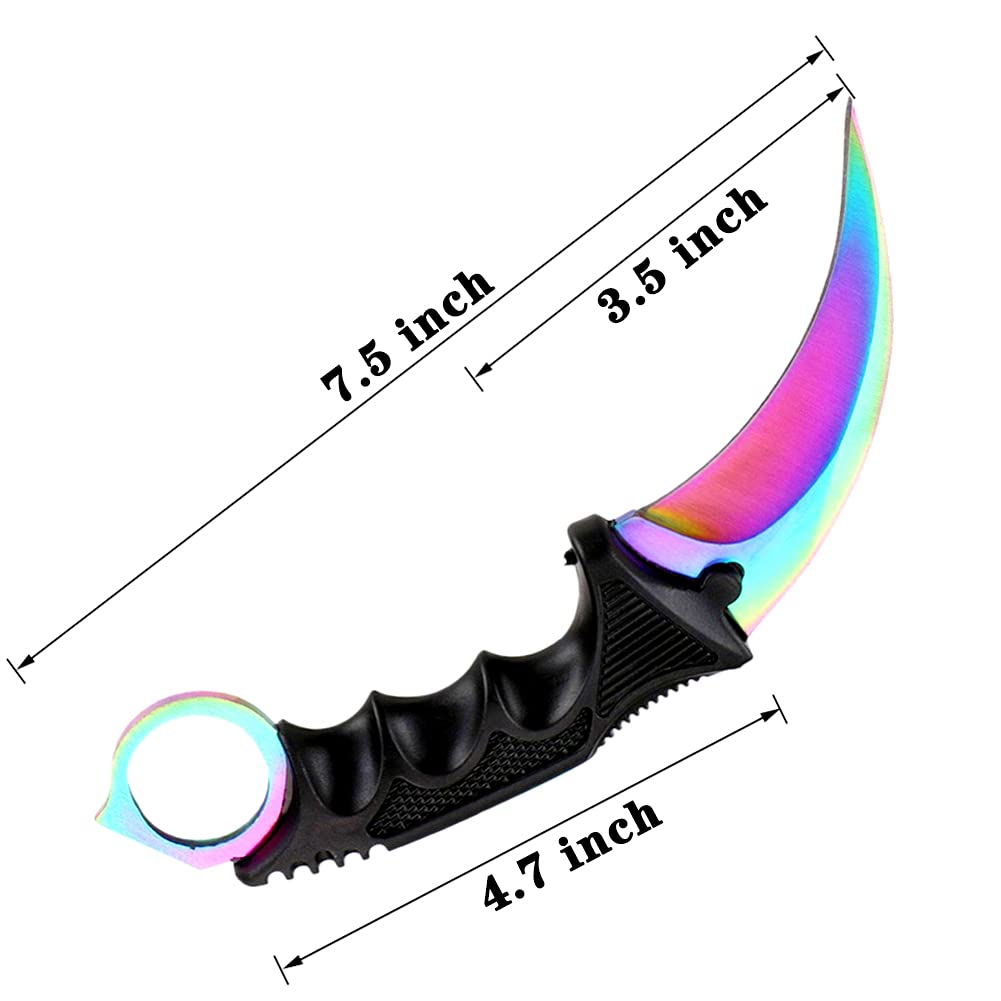 LDIWEE Karambit Knife, CS-GO Game Knife Fixed Blade Knife, Stainless Steel Knife with Sheath and Cord for Camping Hunting Hiking Adventure Collection - Rainbow and Black