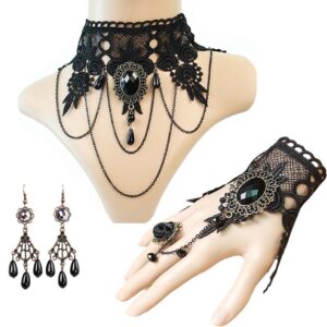 Daimay 4PCS Choker Lace Necklace with Bracelet Set Punk Party Gothic Vintage Handmade Victorian Steampunk Retro Gears Lace Vampire Bracelet Wristband for Halloween Easter – GS180+ GY120+E001