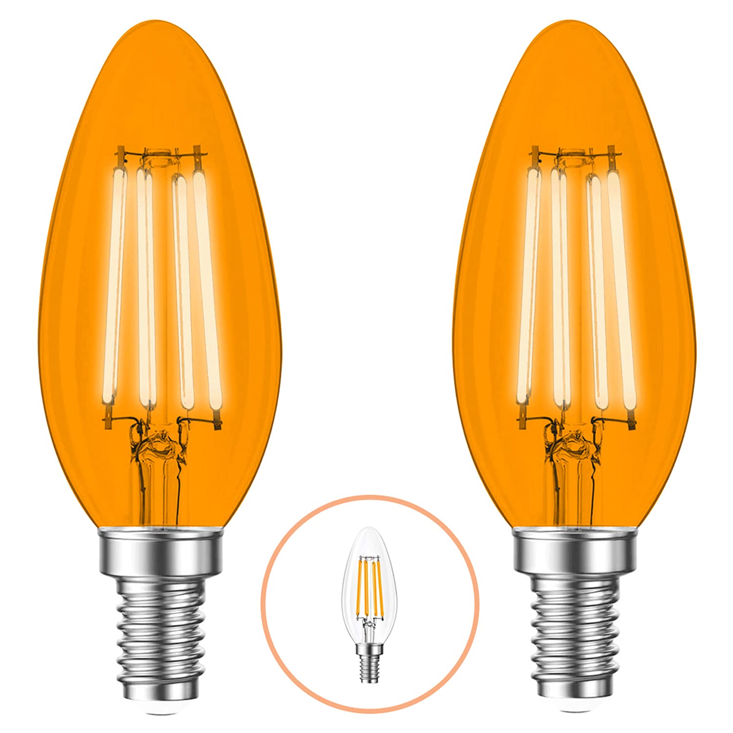 2 Pack E12 Filament LED Orange Light Bulbs – E12 Candelabra Bulb 4W 40-Watt Equivalent - Vintage LED Orange Bulb LED Decorative Lighting Orange LED Bulb Party Decoration, Porch, Halloween Light Bulbs