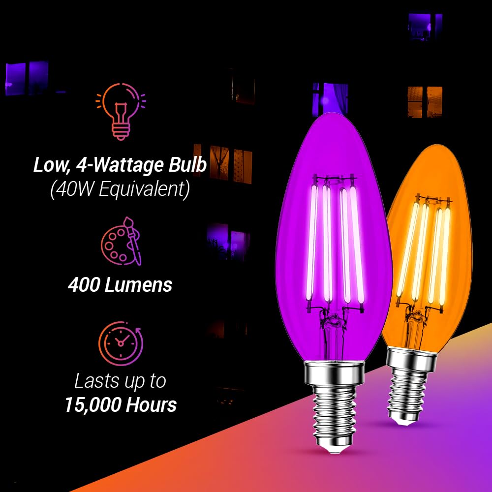 2 Pack E12 Filament LED Orange Light Bulbs – E12 Candelabra Bulb 4W 40-Watt Equivalent - Vintage LED Orange Bulb LED Decorative Lighting Orange LED Bulb Party Decoration, Porch, Halloween Light Bulbs