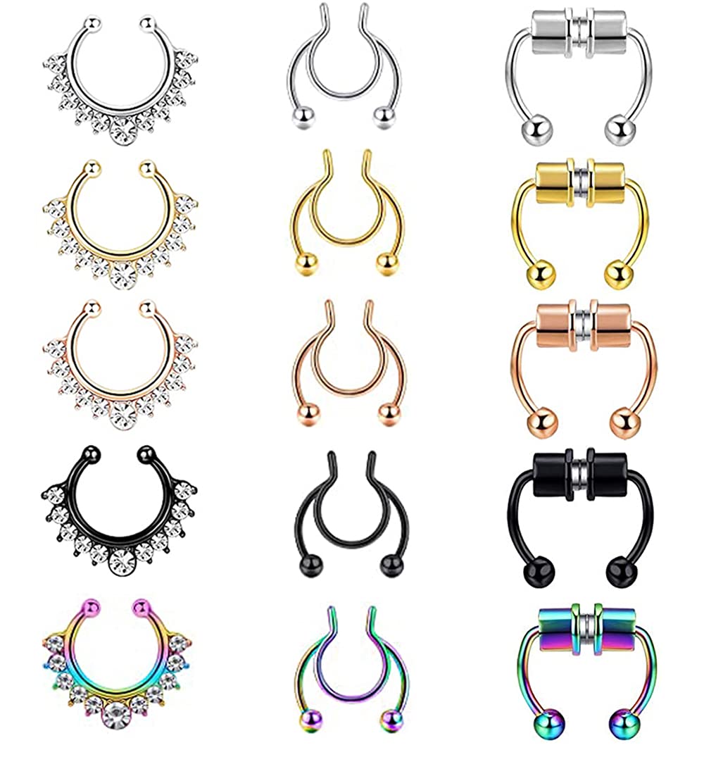 REVOLIA 15 Pcs Fake Nose Rings Hoop Stainless Steel Fake Septum Ring Faux Non-Pierced Clip On Nose Hoop 5C