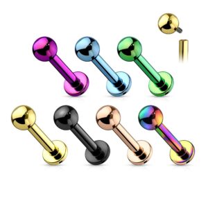 16GA PVD Plated G23 Implant Grade Titanium Internally Threaded Ball Top Flat Back Labret Monroe Lip Cartilage Helix Tragus Conch Ear Lobe Barbell Stud (Black)