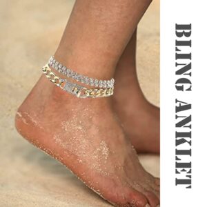 Impurain Bling Tennis Anklet Bracelet for Women Layered Link Chain Anklet Beach Shiny Rhinestone Ankle Jewelry (3-layer Gold)