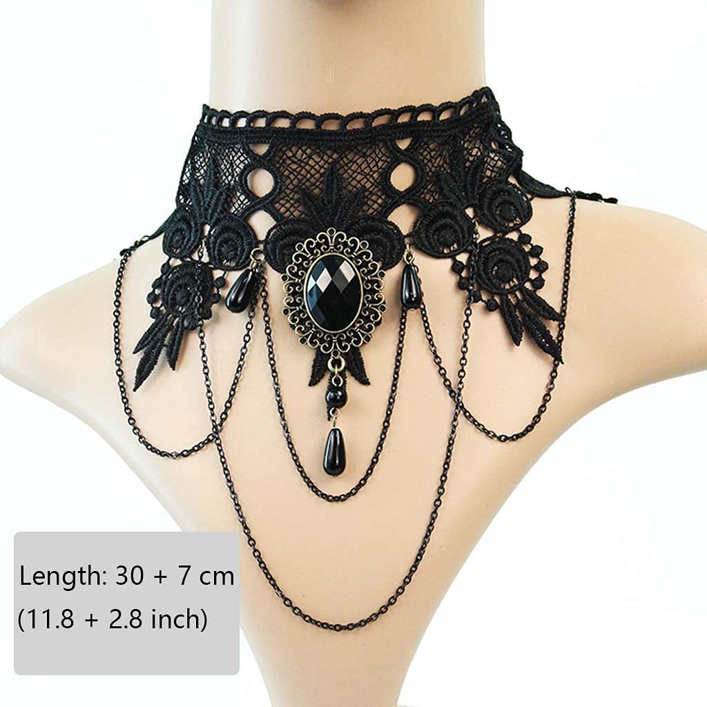 Daimay 4PCS Choker Lace Necklace with Bracelet Set Punk Party Gothic Vintage Handmade Victorian Steampunk Retro Gears Lace Vampire Bracelet Wristband for Halloween Easter – GS180+ GY120+E001