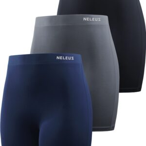 NELEUS Women's 4" Biker Short 3 Pack High Waist Athletic Shorts for Gym Yoga Running,9057,Black/Grey/Navy Blue,M