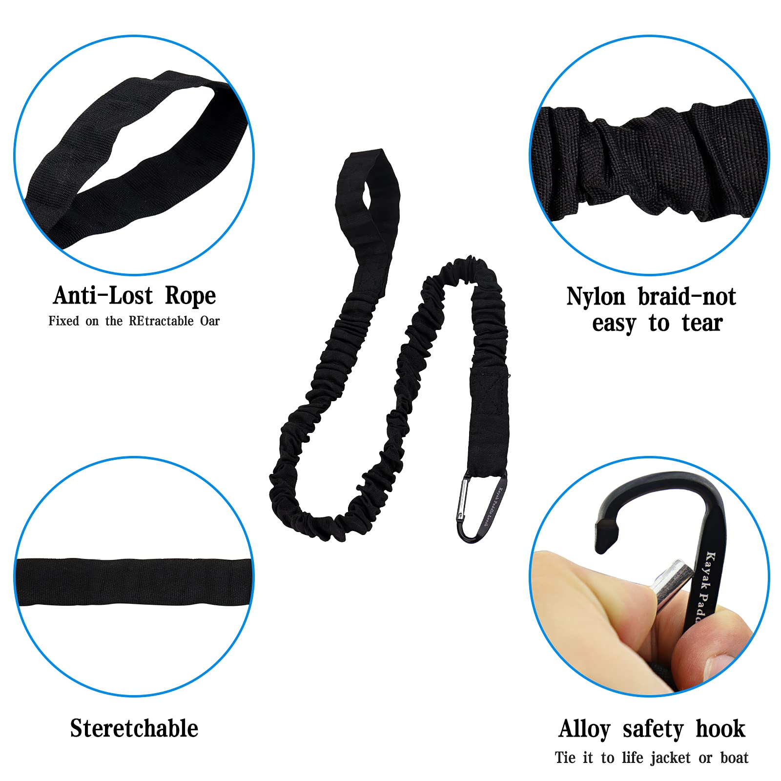 BB Hapeayou Kayaking Paddle Leash Tether 1 Pack-Stretchable Coiled Lanyard for Kayak, Paddle, Fishing Rod Extend to 59inch (Black)