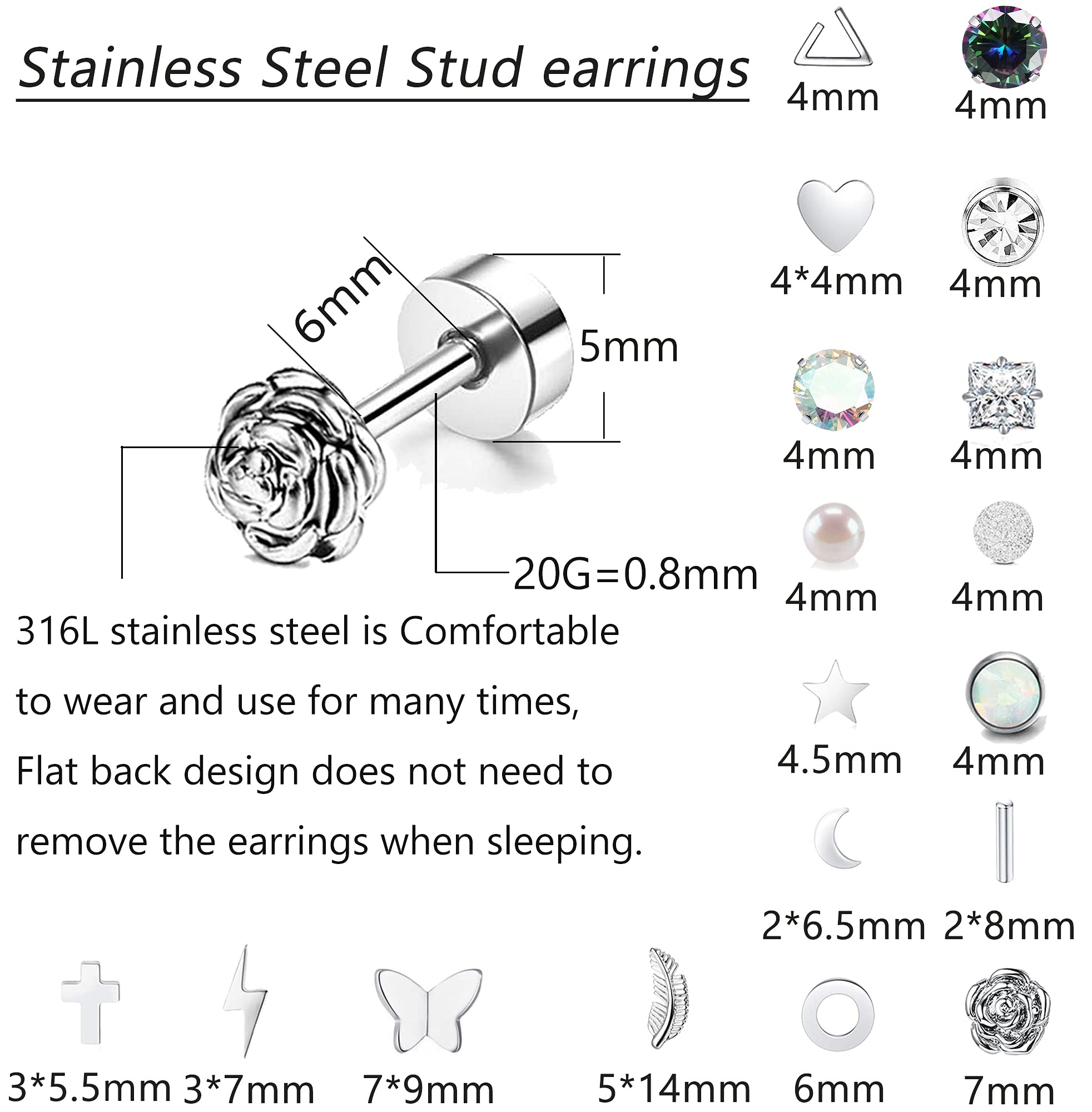 18 Pairs Cartilage Stud Earrings Set for Women Men Star Triangle Moon Heart Disc Ball CZ Small Stainless Steel Geometric Barbell Flatback Piercing (Silver)