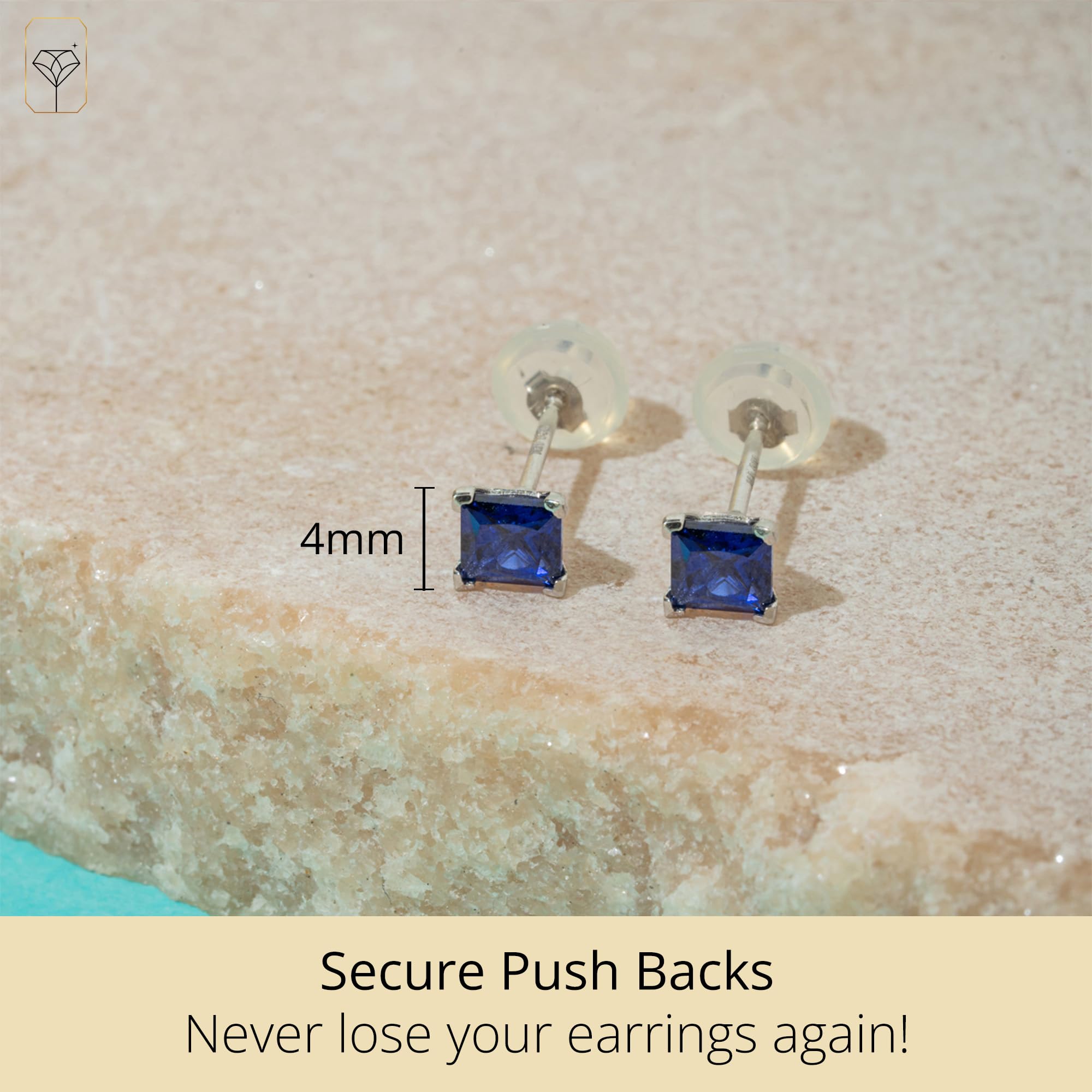 MAX + STONE 14k White Gold Square Stud Earrings for Women with Princess Cut Created Blue Sapphire 4 mm September Birthstone and Push Backs