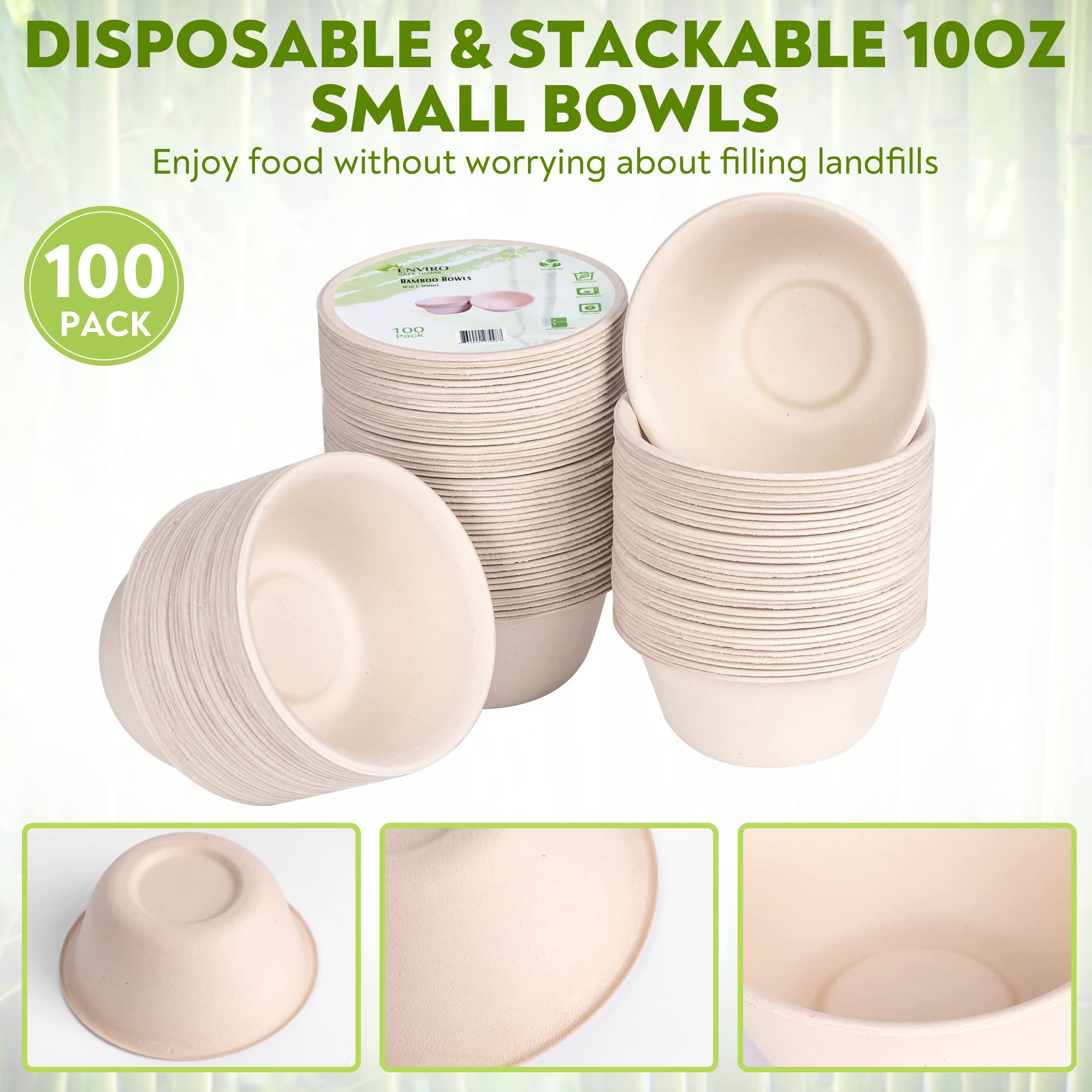 Enviro Safe Home 10 Oz Bamboo Disposable Bowls - 100 Pack - Heavy Duty Soup Bowls - Microwavable, Oven Safe, Eco-Friendly, Leak-Proof