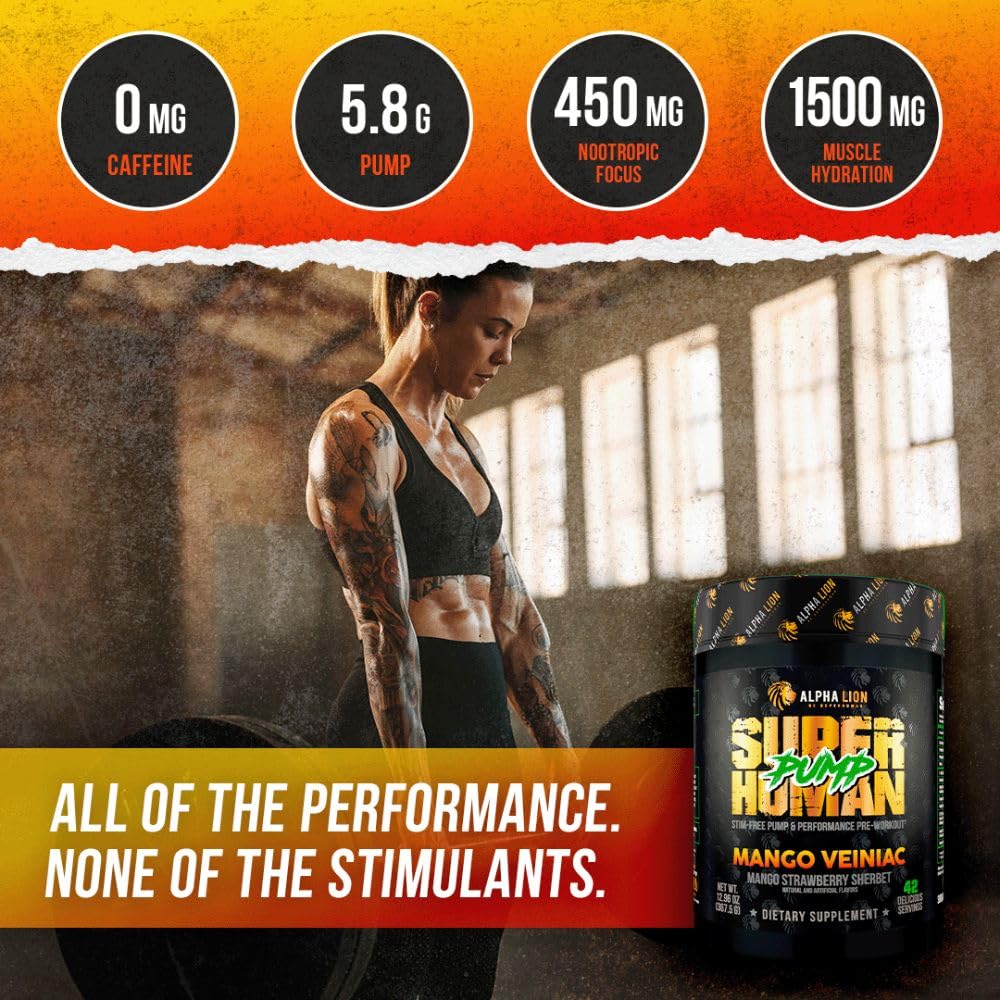 ALPHA LION Superhuman Pump Pre Workout Powder, Nootropic Caffeine & Stim Free Preworkout Supplement, Nitric Oxide Booster, Muscle Gainer, Energy & Focus (42 Servings, Mango Veiniac Flavor)