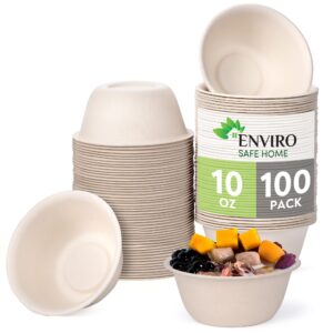 Enviro Safe Home 10 Oz Bamboo Disposable Bowls - 100 Pack - Heavy Duty Soup Bowls - Microwavable, Oven Safe, Eco-Friendly, Leak-Proof