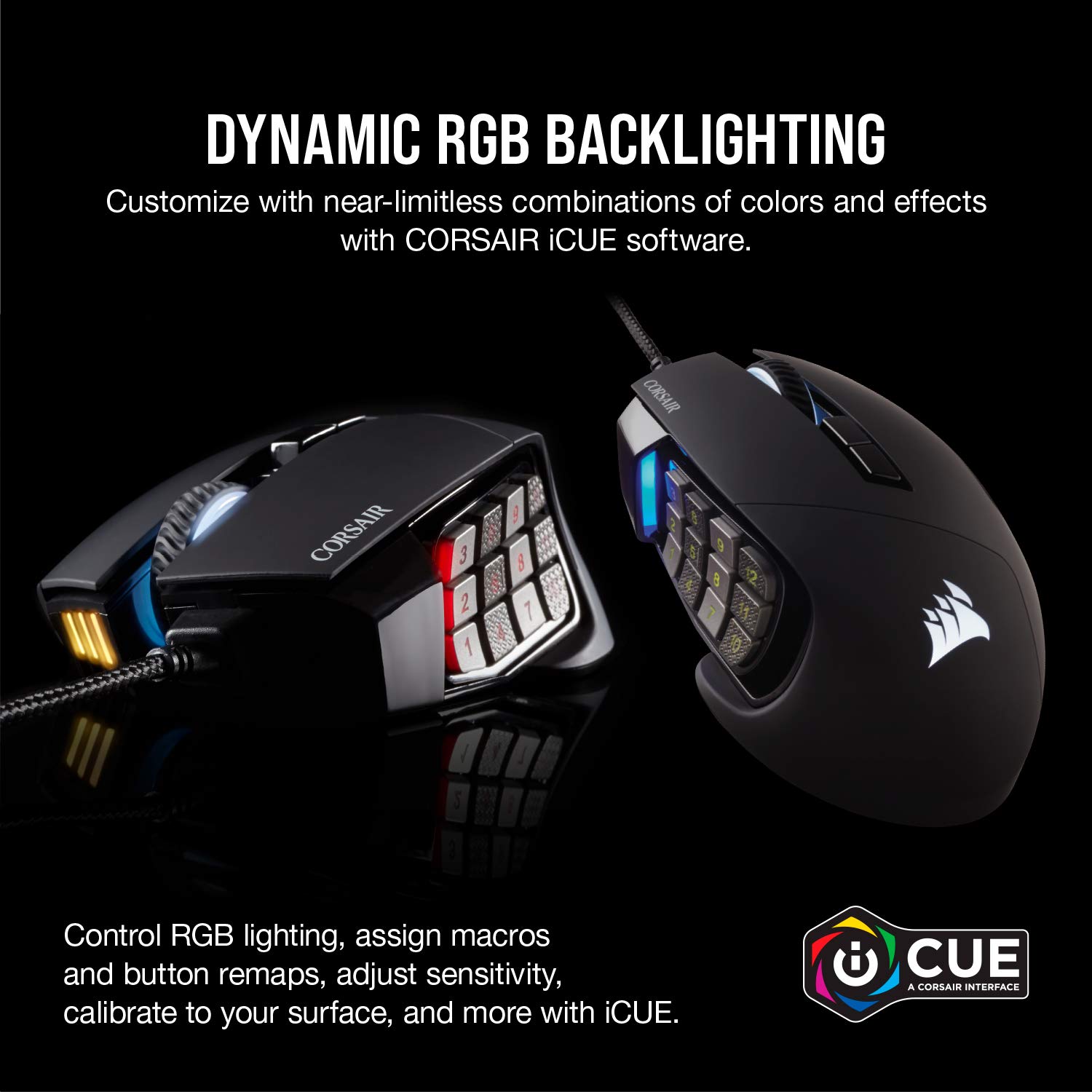 Corsair Scimitar RGB Elite, MOBA/MMO Gaming Mouse, Black, Backlit RGB LED, 18000 DPI, Optical (Renewed)