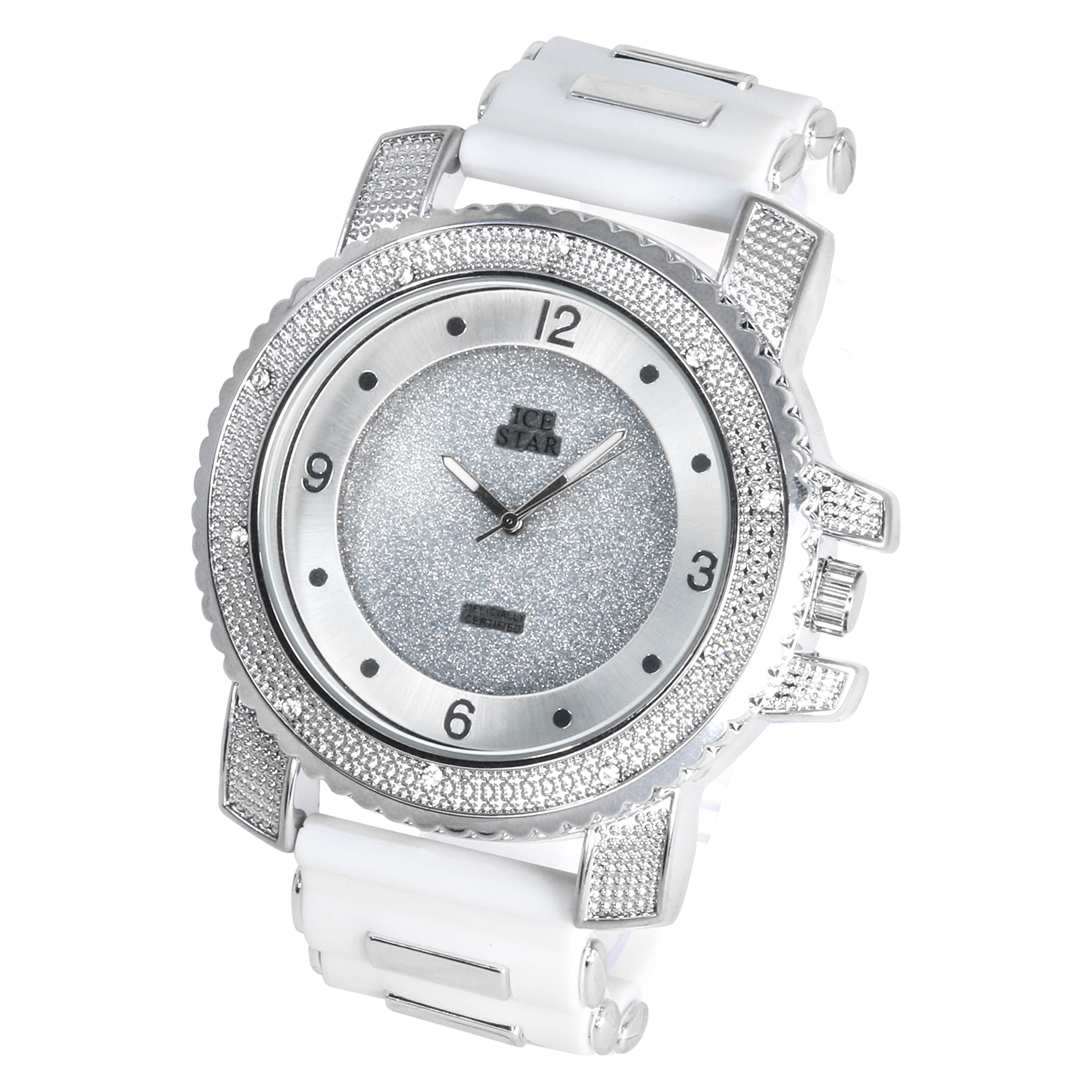 Techno Pave Men's Oversized 52mm Iced Numeral Dial Watch - Silver White Dial