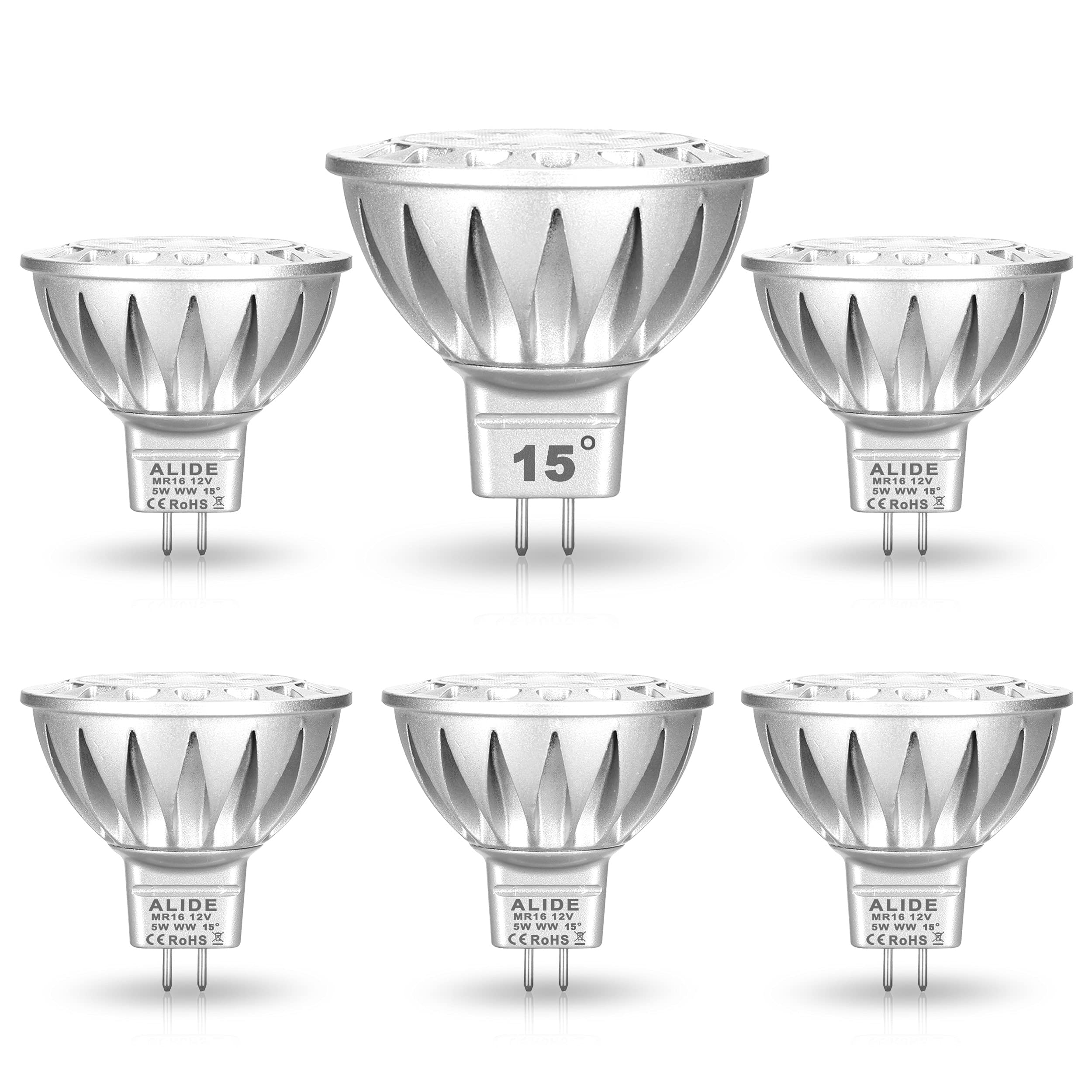 ALIDE MR16 Led Bulbs 15 Degree 15° Narrow Beam Angle,GU5.3 MR16 20W 35W Halogen Equivalent,5W,450LM,2700K Soft Warm White,12V Low Voltage MR16 Led Bulbs for Landscape Ceiling Track Lighting,6Pack