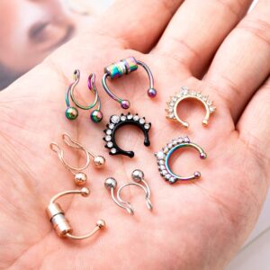 REVOLIA 15 Pcs Fake Nose Rings Hoop Stainless Steel Fake Septum Ring Faux Non-Pierced Clip On Nose Hoop 5C