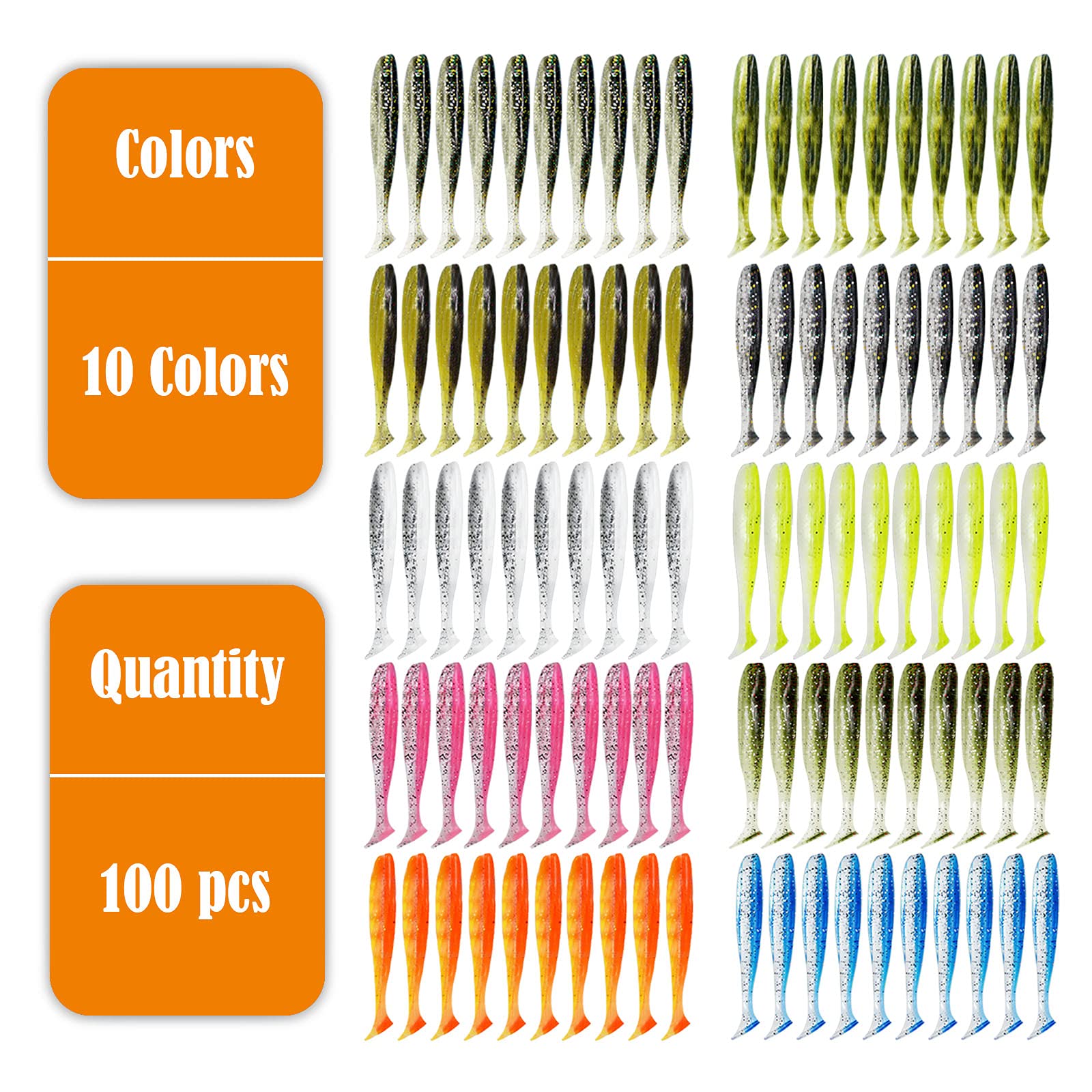 Lanmoon 100pcs Paddle Tail Swimbaits Lures, Soft Plastic Fishing Lures Kit, 2.75" Bass Fishing Bait for Freshwater and Saltwater with Box