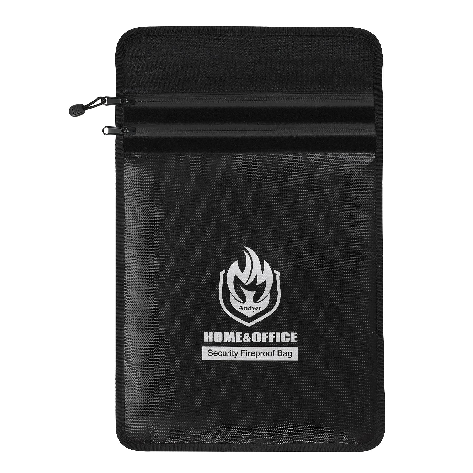 Upgraded Two Pockets Fireproof Document Bag (2000℉), andyer 15”x 11”Waterproof Fireproof Money Bag with Zipper, Waterproof Holder Pouch Fire Safe Bag for Valuables, Legal Documents (Jet Black)