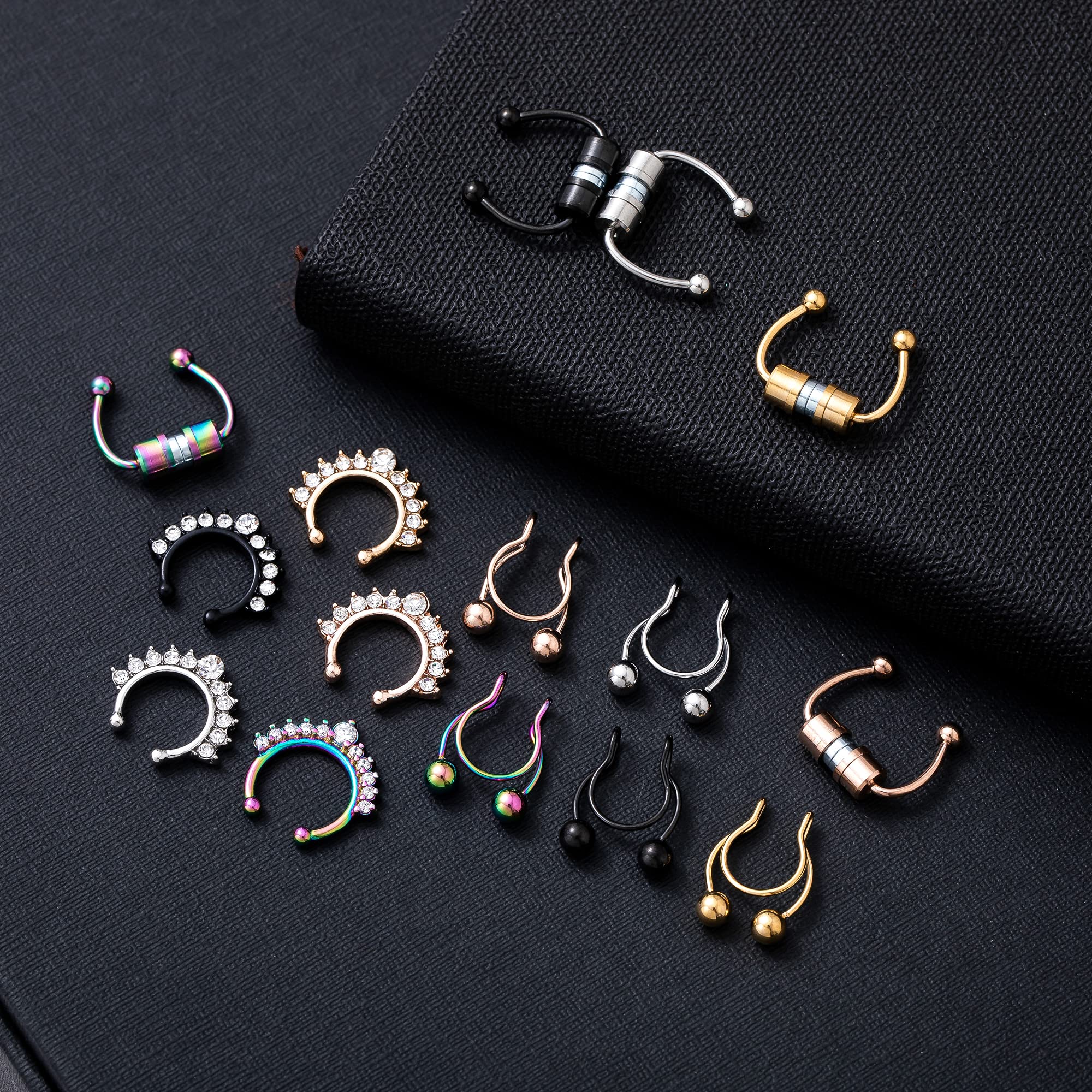 REVOLIA 15 Pcs Fake Nose Rings Hoop Stainless Steel Fake Septum Ring Faux Non-Pierced Clip On Nose Hoop 5C