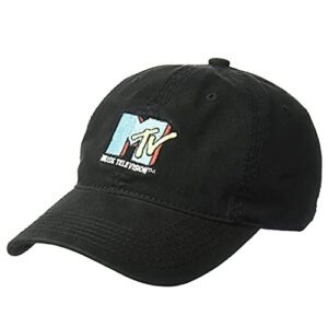 mtv throwback style embroidered logo cotton adjustable baseball cap with curved brim, black, one size