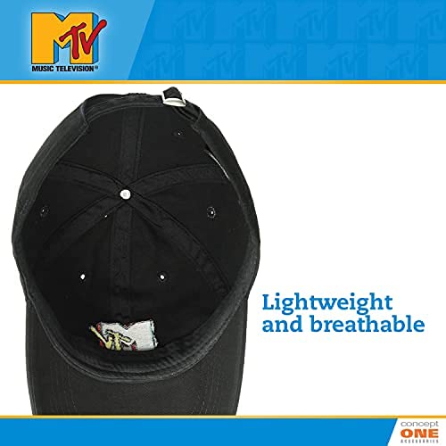 MTV Throwback Style Embroidered Logo Cotton Adjustable Baseball Cap with Curved Brim, Black, One Size