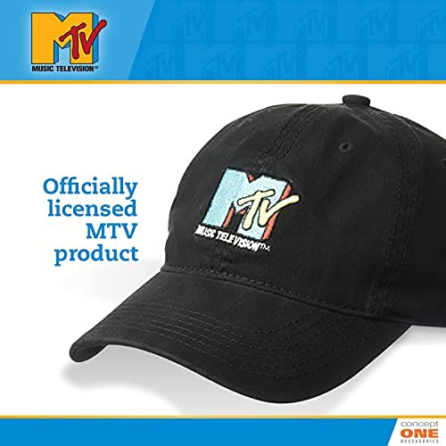 MTV Throwback Style Embroidered Logo Cotton Adjustable Baseball Cap with Curved Brim, Black, One Size