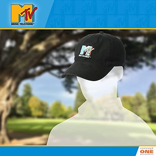 MTV Throwback Style Embroidered Logo Cotton Adjustable Baseball Cap with Curved Brim, Black, One Size