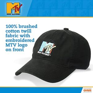 MTV Throwback Style Embroidered Logo Cotton Adjustable Baseball Cap with Curved Brim, Black, One Size