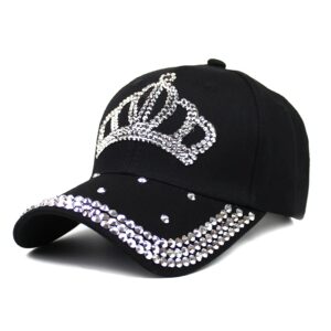 gudessly adjustable women’s bling rhinestone bejeweled cotton denim baseball cap hip hop hat (a-crown black)