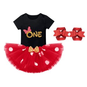 1st Birthday Outfit Baby Girl Romper Polka Dots Mini Tutu Skirt Headband Shiny Barefoot Sandals Shoes One Year Old Cake Smash Photo Shoot First Mouse Party Supply Clothing Set Red + Black Bow 1T