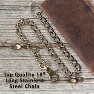 F&L CLASSIC RFID Blocking Mens Tri-fold Long Style Cowhide Leather Steel Chain Wallet,buffalo vintage leather