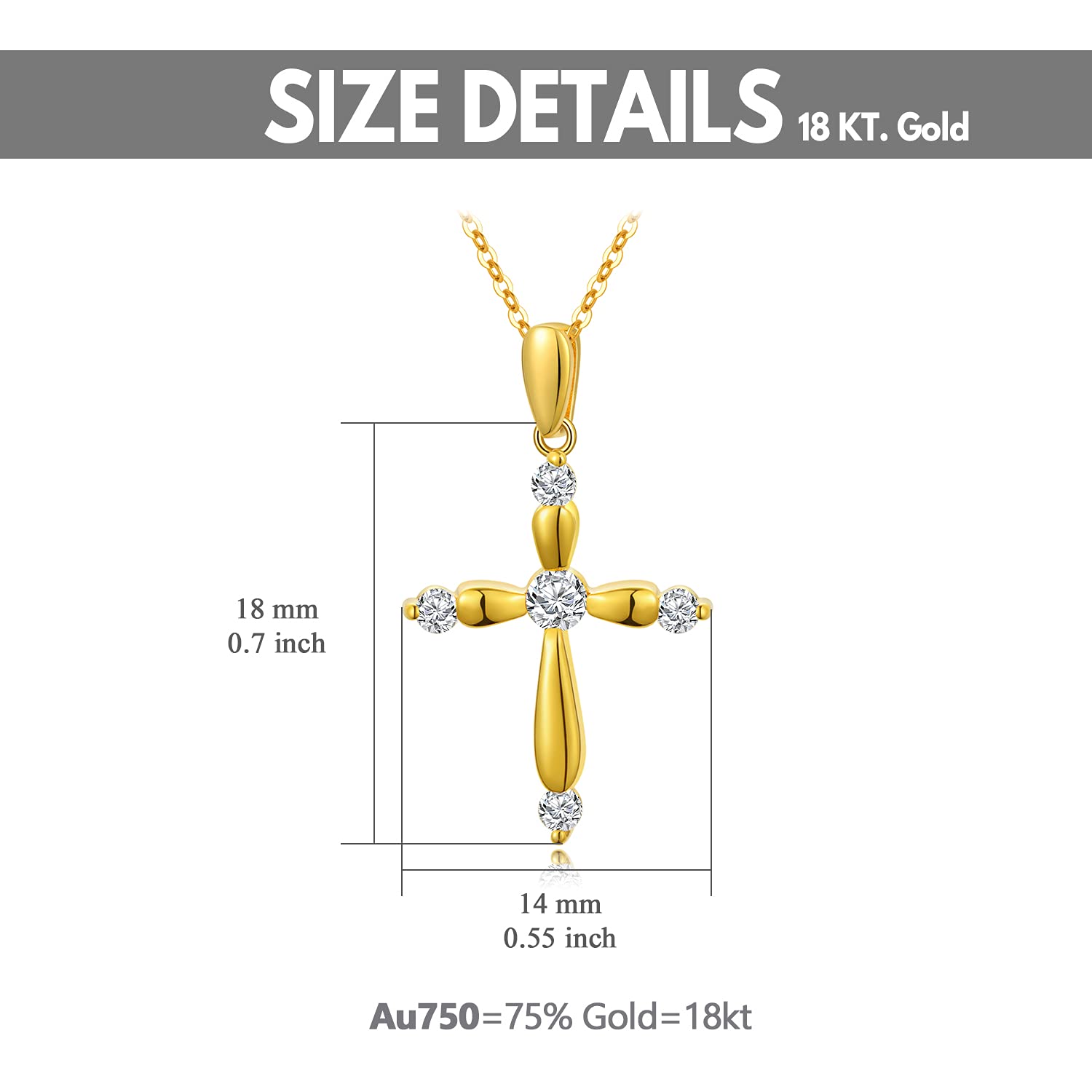 18K Yellow Gold Cross Necklace for Women, Real Gold Shiny Blessing Cross Pendant Religious Jewelry Gifts for Her, Mom, Wife, Girls, 18", Thickness 2.3mm