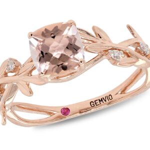 GEMVIO Collection Cushion Cut 6MM Morganite Solitaire Gemstone & Diamond Accent Vine Leaf in 14k Rose Gold Over Sterling Silver Engagement Promise Statement Wedding Ring(0.83Cttw) Size-7