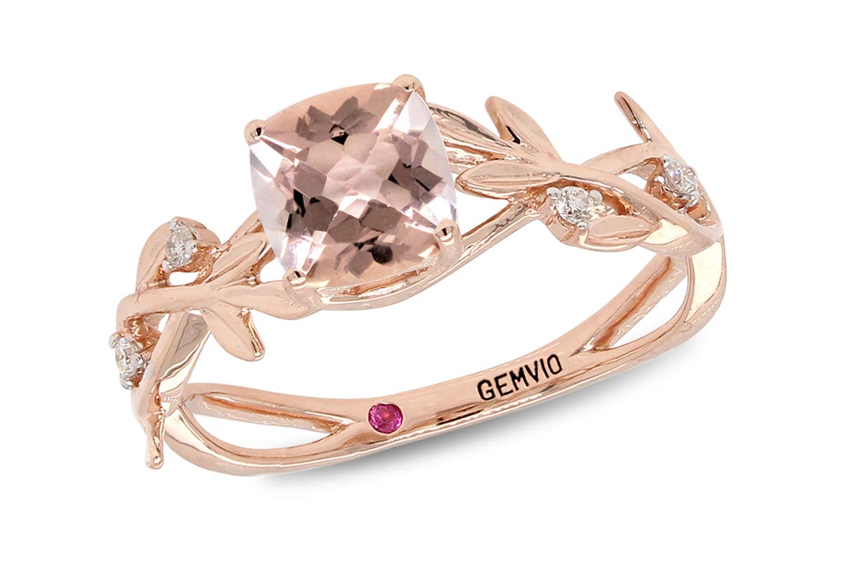 GEMVIO Collection Cushion Cut 6MM Morganite Solitaire Gemstone & Diamond Accent Vine Leaf in 14k Rose Gold Over Sterling Silver Engagement Promise Statement Wedding Ring(0.83Cttw) Size-7