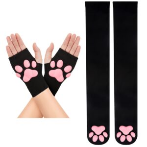 3D Cat Claw Pad Stockings and Gloves Thigh High Socks Long Gloves Silicone Claw Lolita Cat Cosplay for Girls Women (Black and Pink)