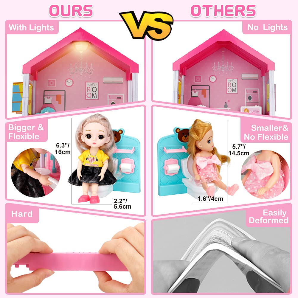 BOBXIN Dollhouse, Doll House for Indoor for Girl, Toy House with Lights, Slide and Doll, Building Playset with Acceccories & Furniture, DIY Dreamy Princess House for Toddler, Kid (11 Room)