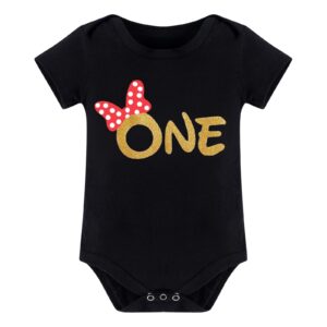 1st Birthday Outfit Baby Girl Romper Polka Dots Mini Tutu Skirt Headband Shiny Barefoot Sandals Shoes One Year Old Cake Smash Photo Shoot First Mouse Party Supply Clothing Set Red + Black Bow 1T